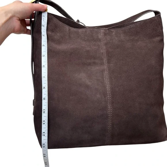 Chocolate Brown 100% Genuine Suede Leather Slouchy Hobo Bag Gold Buckle Strap - Picture 14 of 16